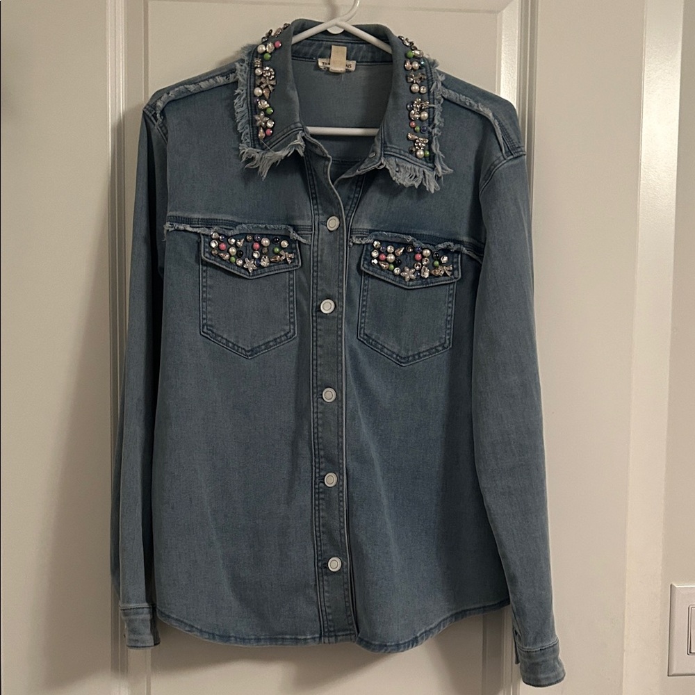 Tribal Denim Blouse with Colorful Embellishments